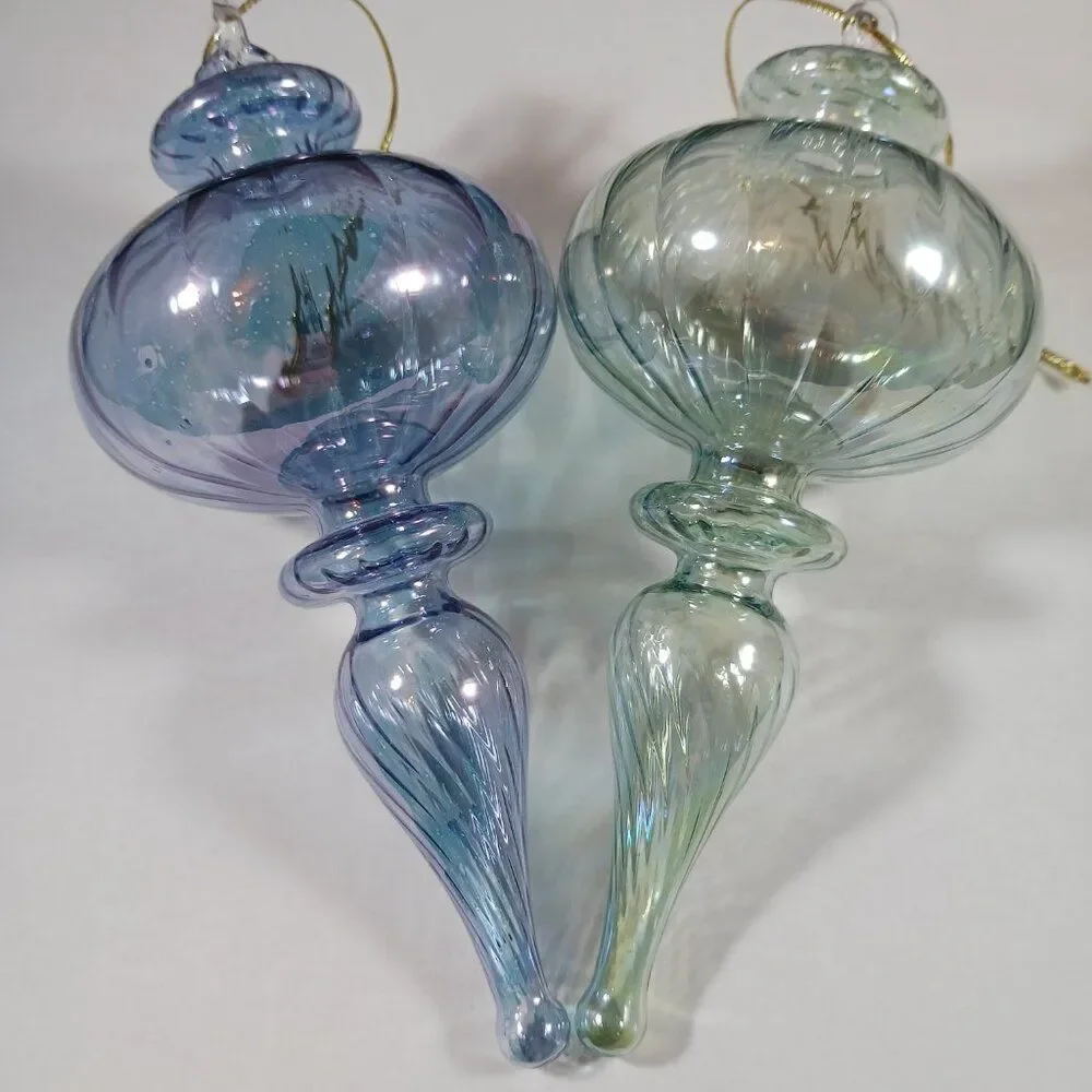 Vintage Blown Swirl Bubble Glass Blue Green Christmas Tree Ornament